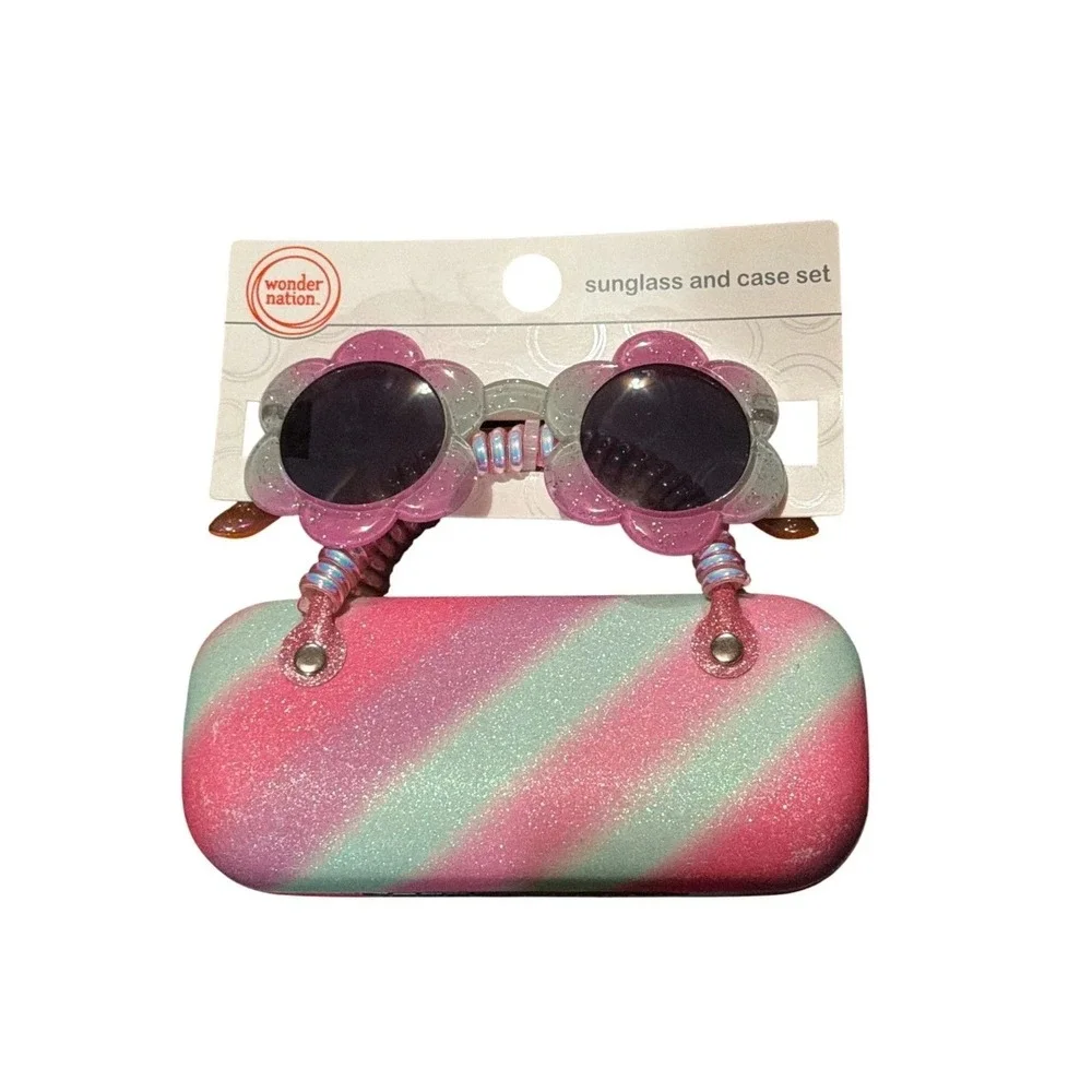 Wonder‎ Nation Girls Flower Sunglasses, Glitter Hard Case Pink Blue Colorful NWT